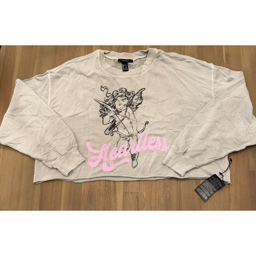 Forever 21 Heartless Cherub Graphic Cropped Sweatshirt Tan Pink Small NWT